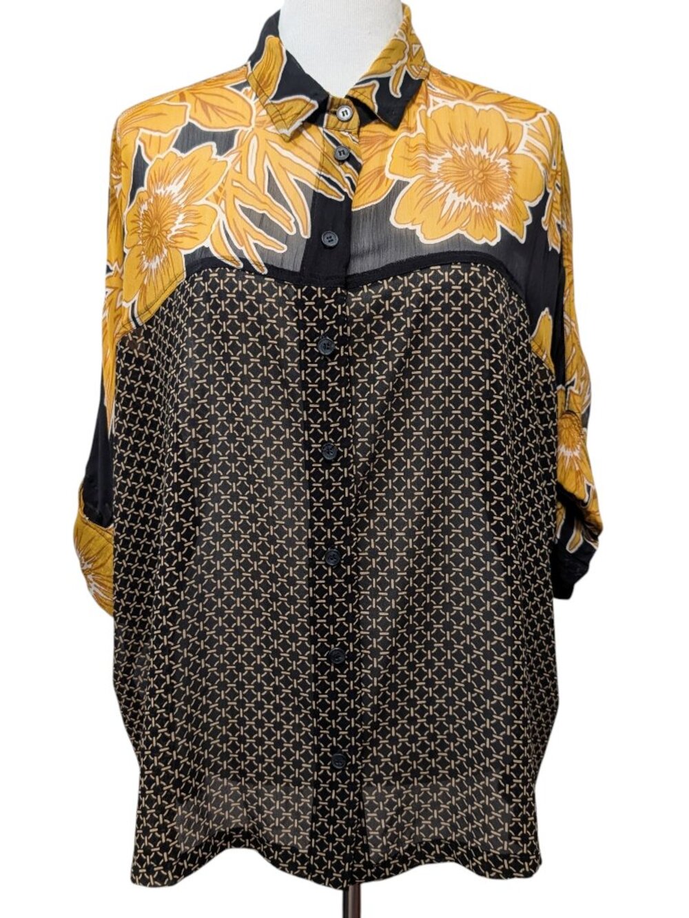 Alembika Womens Size M Lei Gold Black Floral Yoked Button Up Oversize Blouse Top